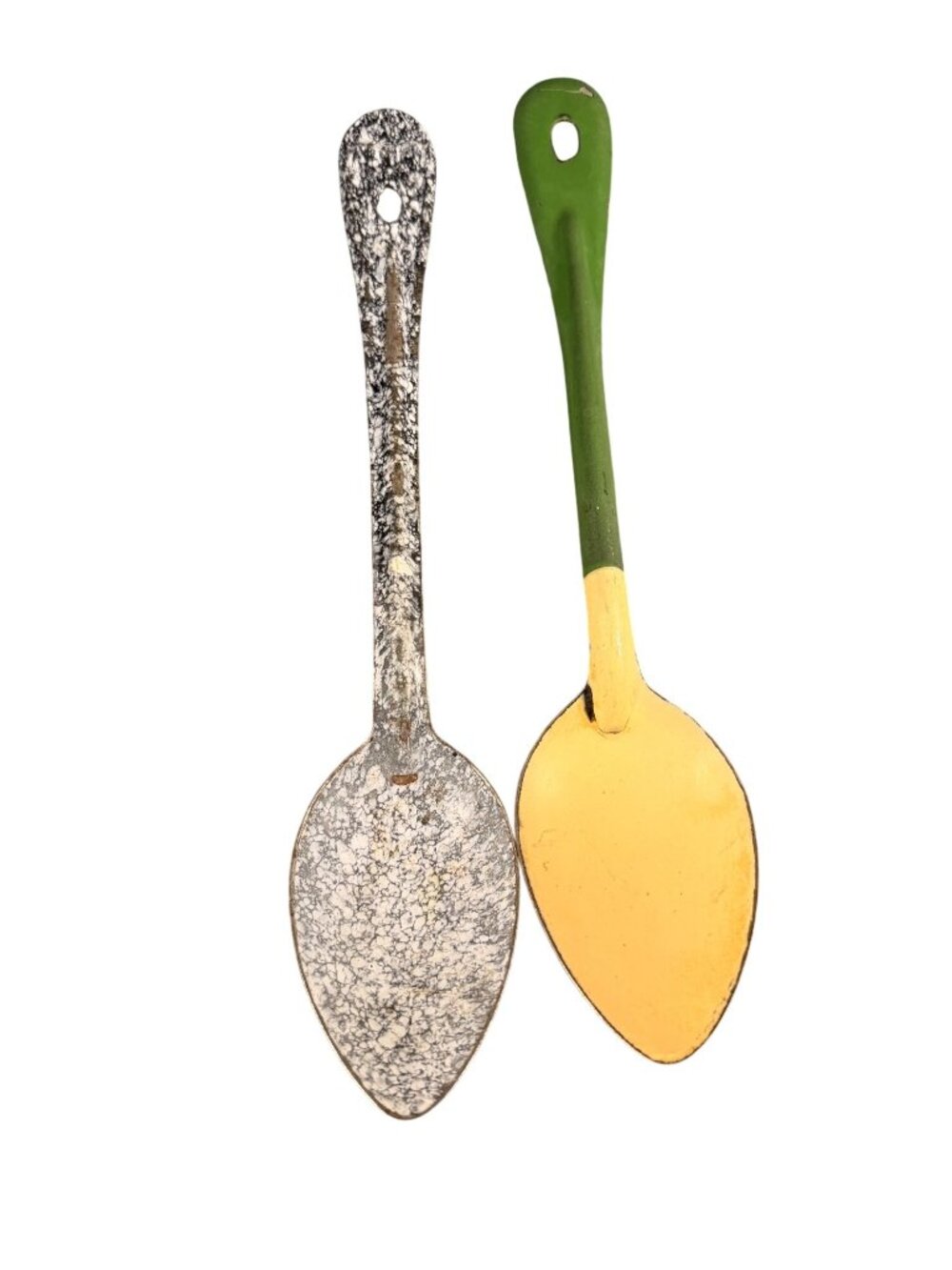 Vintage Enamelware Serving Spoons Lot of 2 | Black White Speckled & Green Yellow
